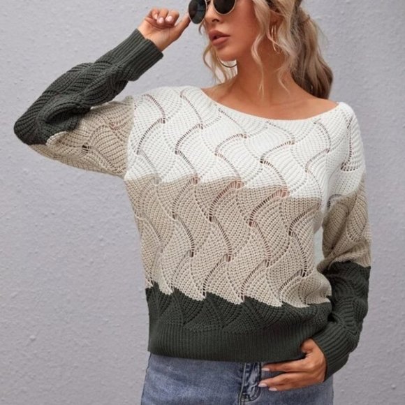. Sweaters - Boat Neck Casually Comfy Color Block Knit Sweater top